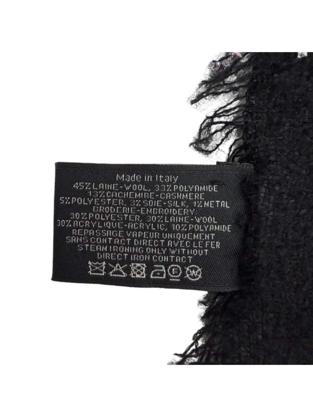 Chanel Cashmere Silk Blend CC Logo Ribbon Plaid Fringe Large Shawl Black Scarf